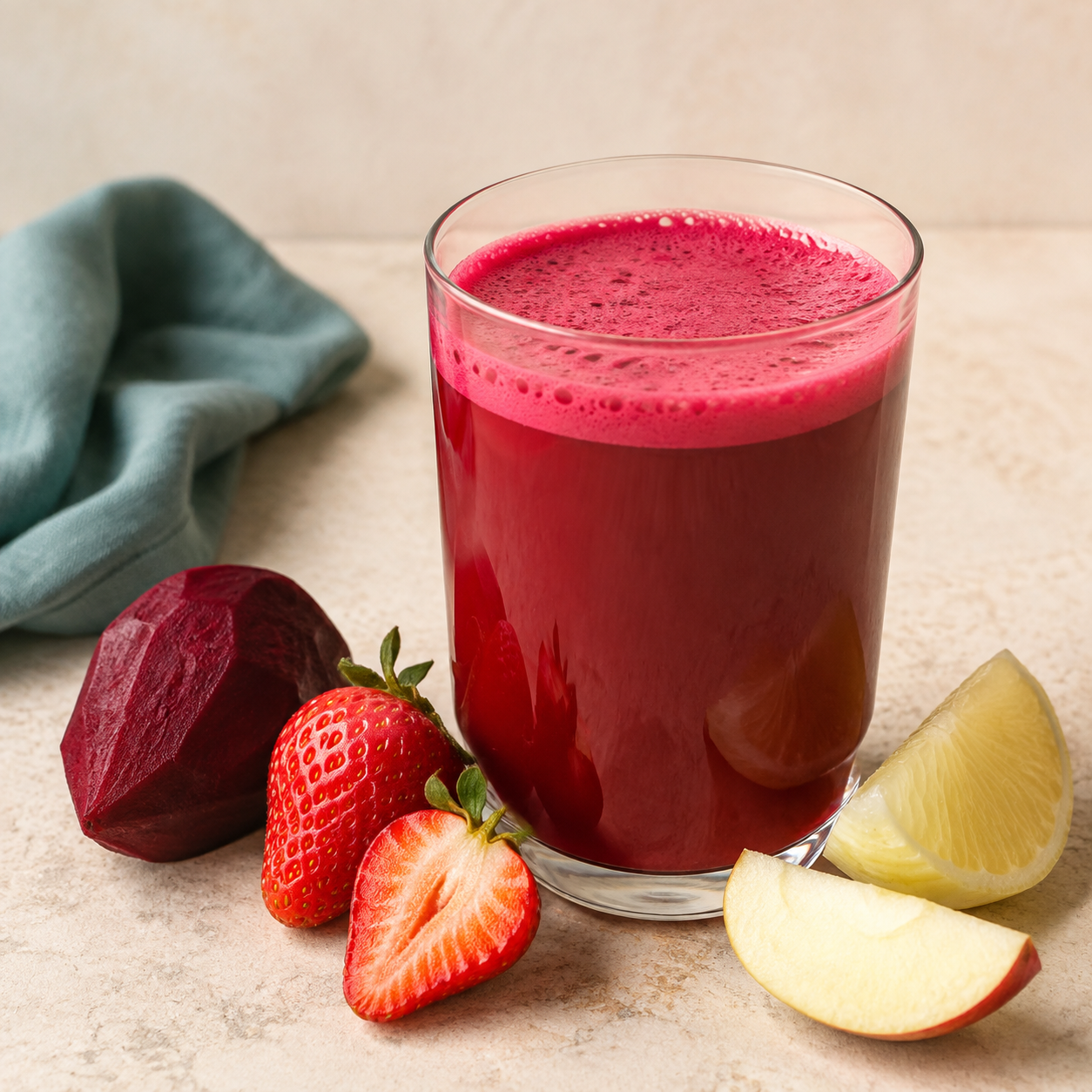 Beet Berry Bright finished drink with matching ingredients