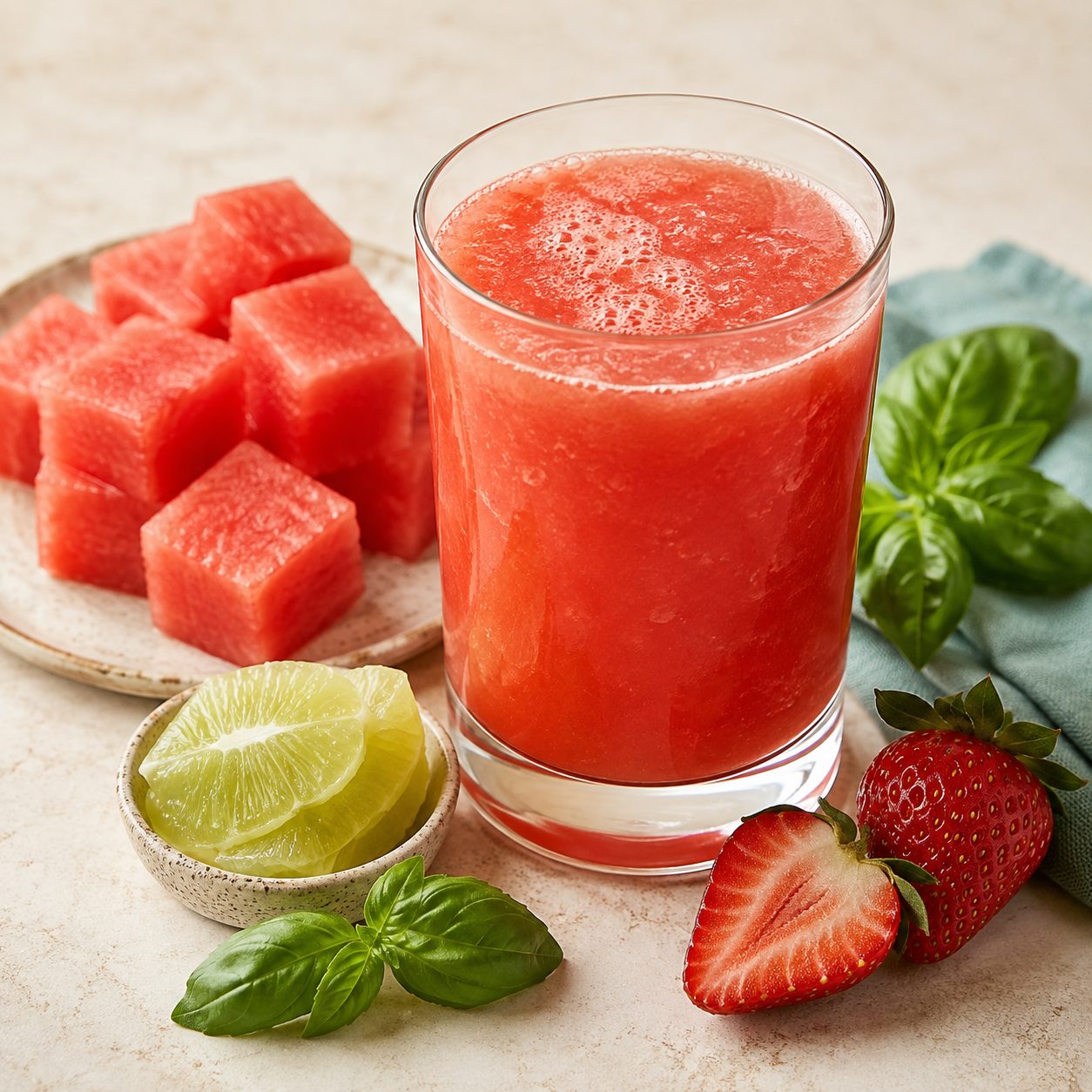 Watermelon Lime Splash finished drink with matching ingredients