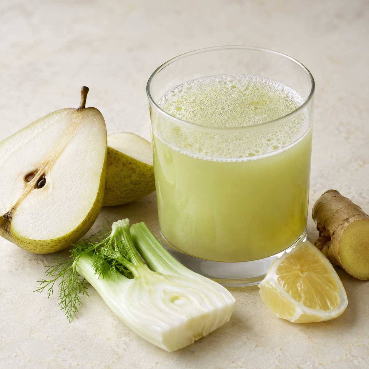 Pear Fennel Fresh finished drink with matching ingredients