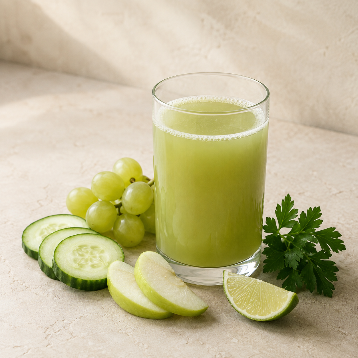 Cucumber Grape Herb finished drink with matching ingredients