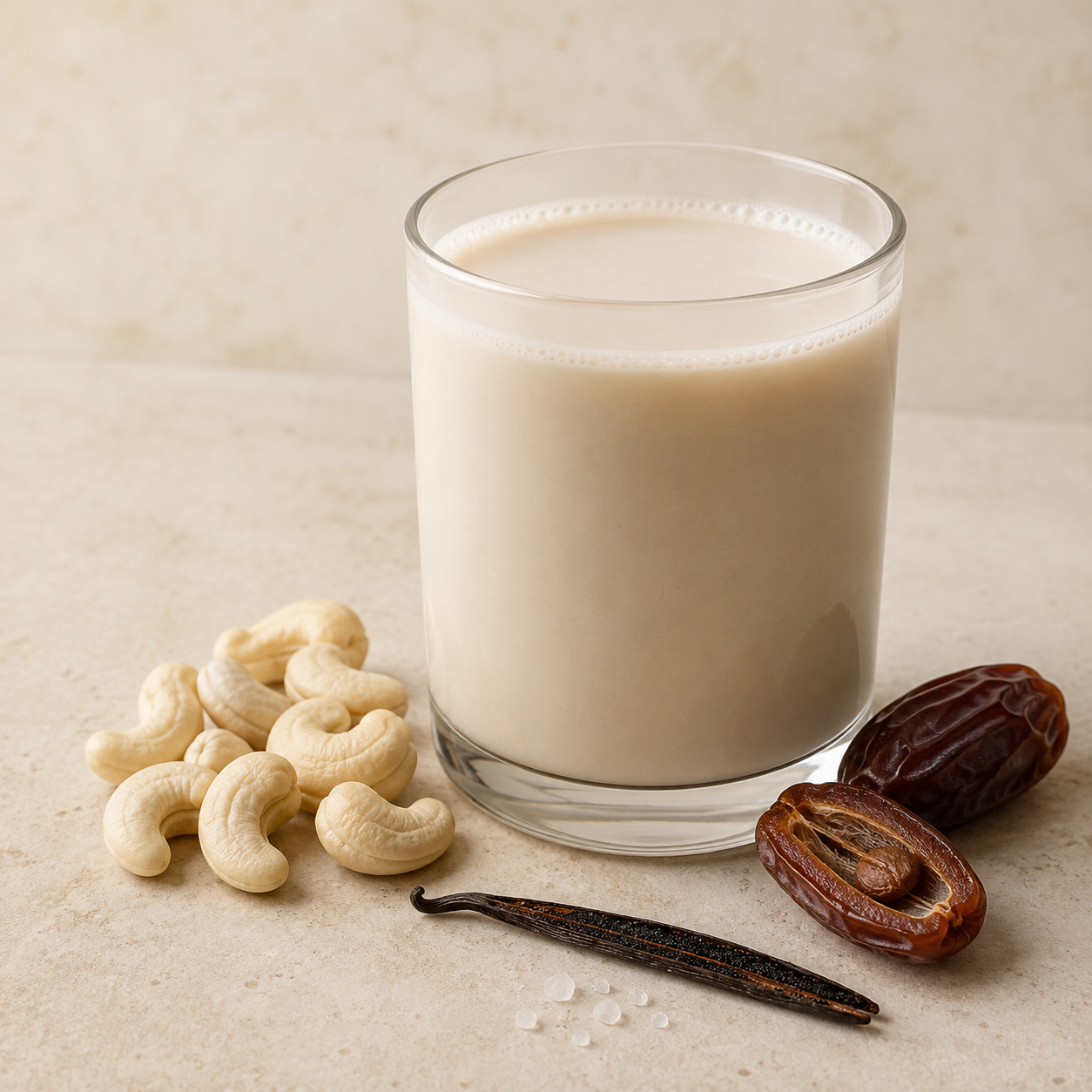 Cashew Date finished drink with matching ingredients