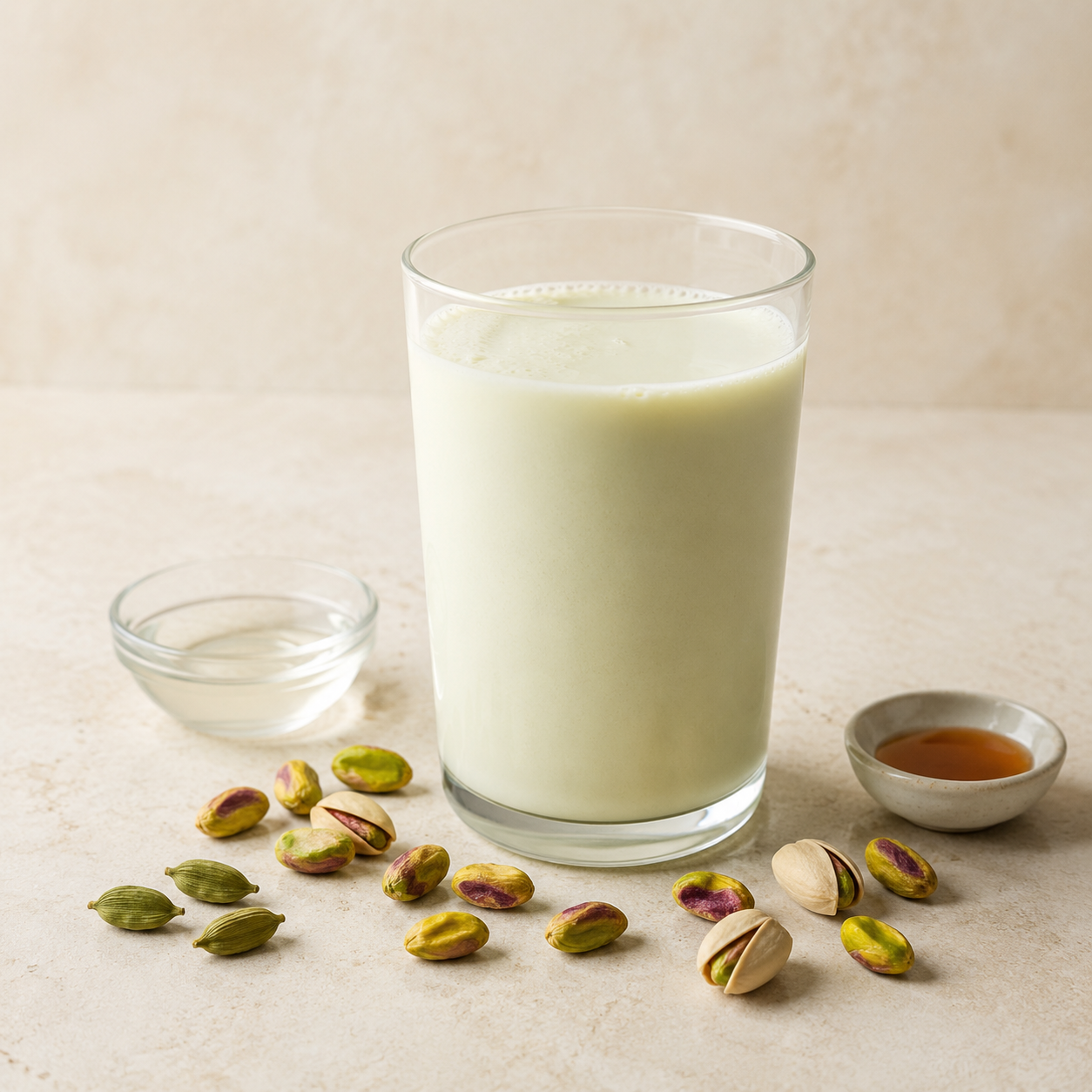 Pistachio Cardamom finished drink with matching ingredients