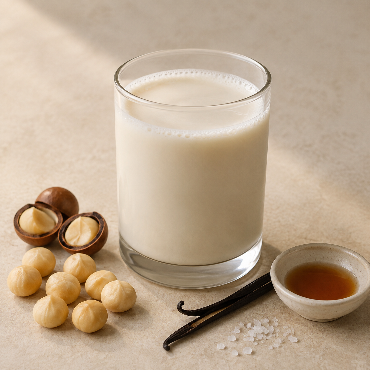 Macadamia Vanilla finished drink with matching ingredients