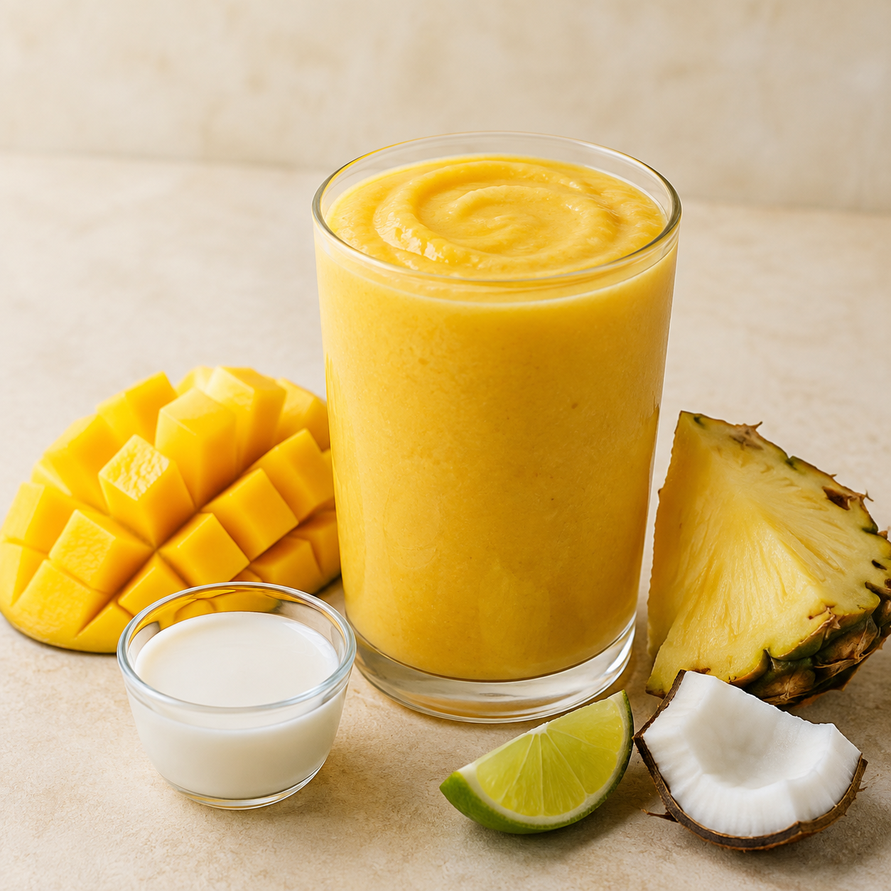 Mango Pineapple Coconut finished drink with matching ingredients