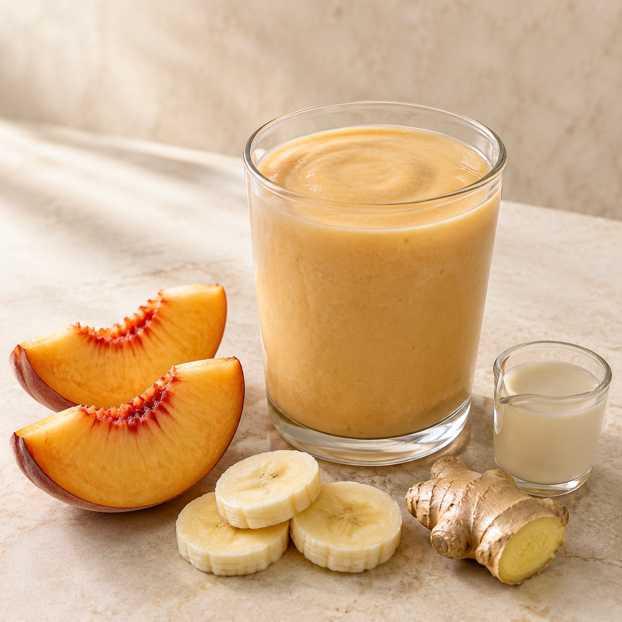 Peach Ginger Oat finished drink with matching ingredients