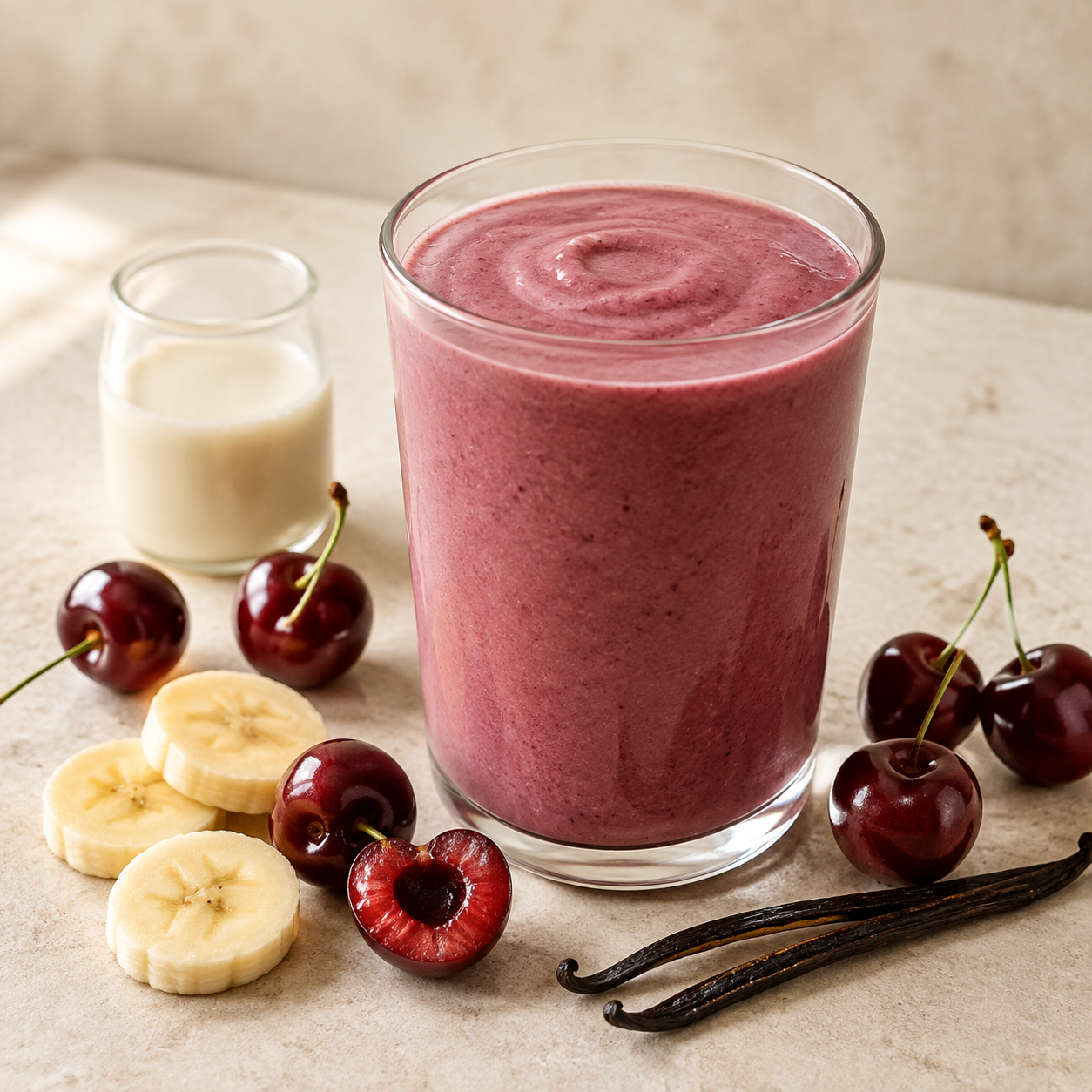 Cherry Vanilla finished drink with matching ingredients