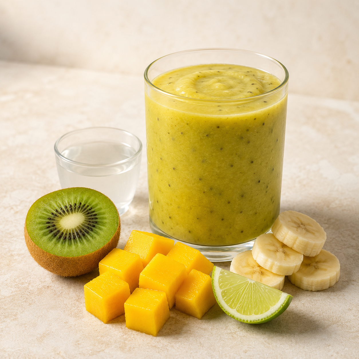 Kiwi Mango Lime finished drink with matching ingredients