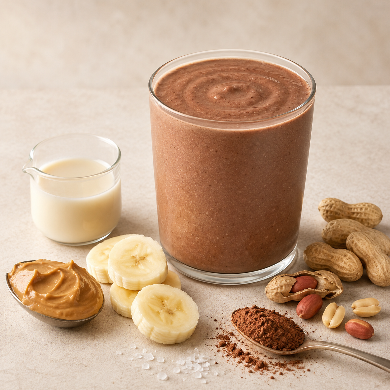 Chocolate Peanut Banana finished drink with matching ingredients